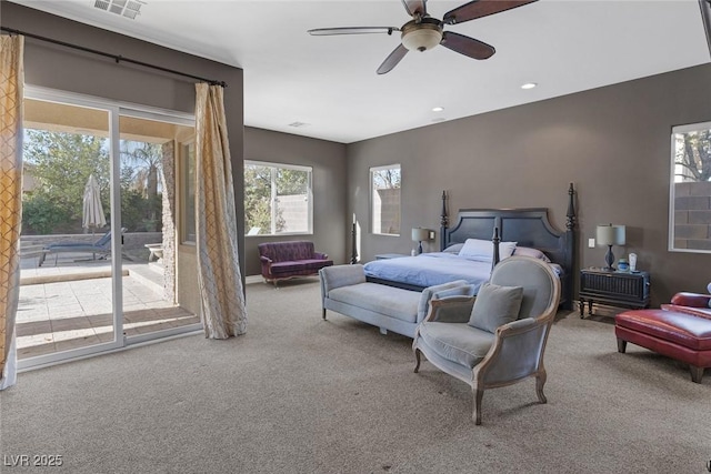 3668 Hillary Elan Ct, Las Vegas, NV 89139 - carpeted bedroom featuring access to outside, a ceiling fan, and recessed lighting