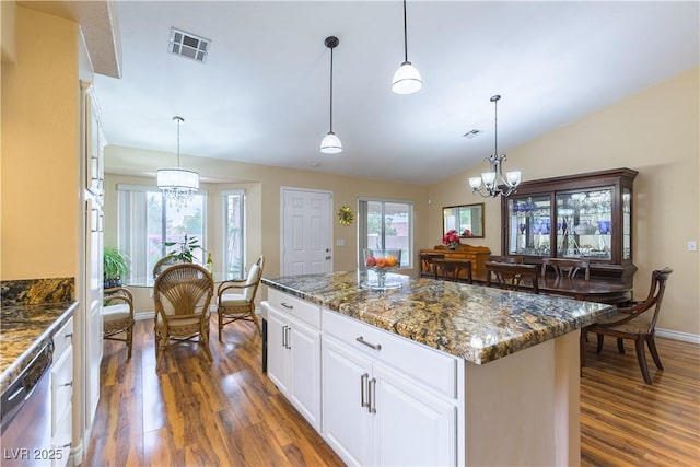 5620 Silver Belle St, Las Vegas, NV 89149 - kitchen with a chandelier, dark wood-style flooring, healthy amount of natural light, and lofted ceiling