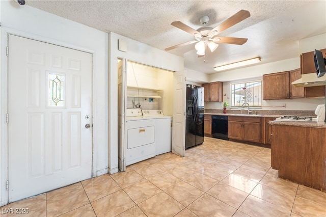 4436 E Ogden Ave, Las Vegas, NV 89110 - kitchen featuring black appliances, brown cabinetry, a ceiling fan, a textured ceiling, and range hood
