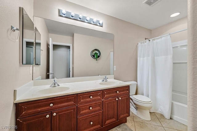 609 Doubleshot Ln, Henderson, NV 89052 - bathroom featuring double vanity, tile patterned floors, and shower / bath combination with curtain