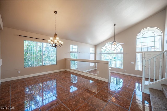 8708 Western Saddle Ave, Las Vegas, NV 89129 - entryway featuring a chandelier, stairs, high vaulted ceiling, a ceiling fan, and tile patterned floors