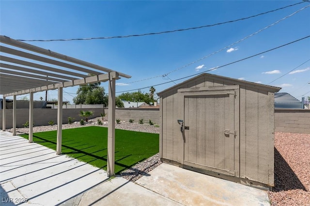 148 Fir St, Henderson, NV 89015 - view of shed with a fenced backyard and a pergola