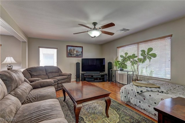 10978 Dornoch Castle St, Las Vegas, NV 89141 - living room featuring ceiling fan and wood finished floors