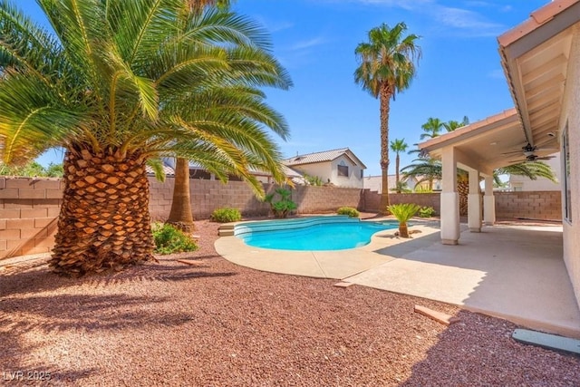 9794 Ice Box Canyon Ct, Las Vegas, NV 89117 - view of swimming pool featuring a ceiling fan, a fenced backyard, and a patio area