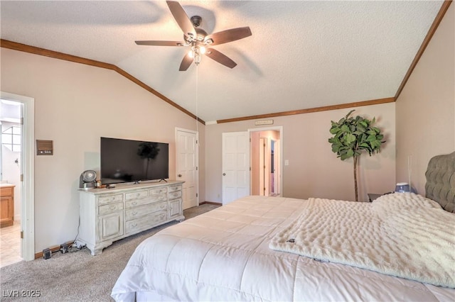 1605 Siboney Dr, Las Vegas, NV 89123 - bedroom with vaulted ceiling, light carpet, crown molding, a textured ceiling, and ceiling fan