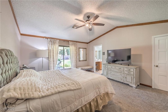 1605 Siboney Dr, Las Vegas, NV 89123 - bedroom with crown molding, vaulted ceiling, light colored carpet, a textured ceiling, and ceiling fan