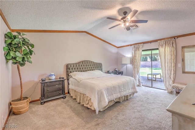 1605 Siboney Dr, Las Vegas, NV 89123 - bedroom with access to exterior, ornamental molding, light colored carpet, a textured ceiling, and vaulted ceiling