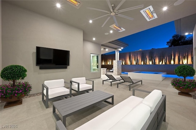 11 Hawkeye Ln, Las Vegas, NV 89135 - patio at twilight featuring an outdoor hangout area, ceiling fan, and a patio area