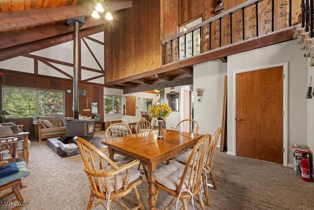 2169 Via Spes Nostra St, Mount Charleston, NV 89124 - carpeted dining room featuring high vaulted ceiling, beamed ceiling, and wooden walls