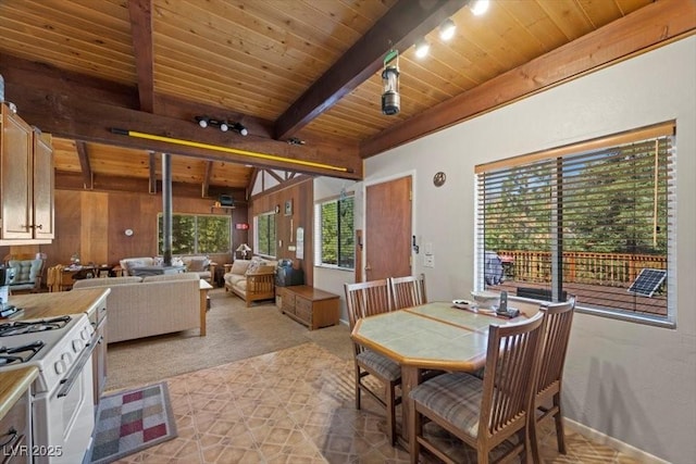 2169 Via Spes Nostra St, Mount Charleston, NV 89124 - dining space featuring a wooden ceiling with exposed beams and light carpet