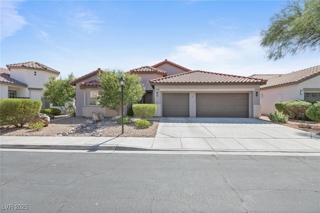10596 Refugio St, Las Vegas, NV 89141 - mediterranean / spanish home featuring a garage, driveway, stucco siding, and a tile roof
