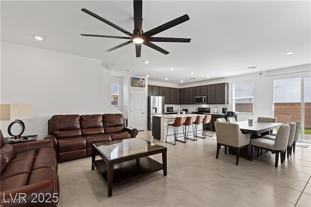 10106 Queens Pearl St, Las Vegas, NV 89141 - living area with a ceiling fan, recessed lighting, and light tile patterned floors