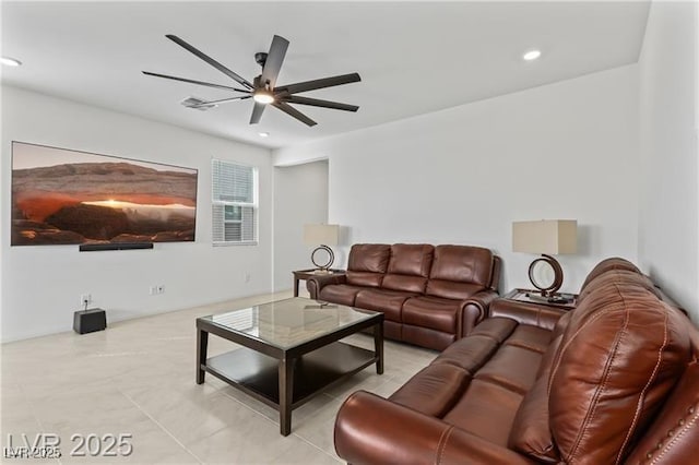 10106 Queens Pearl St, Las Vegas, NV 89141 - living room with a ceiling fan, recessed lighting, and light tile patterned floors
