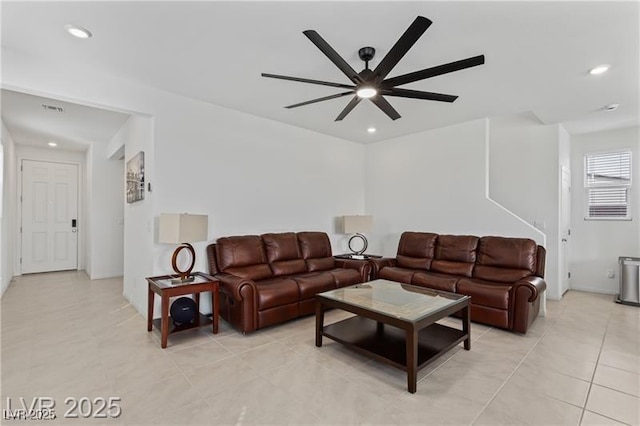 10106 Queens Pearl St, Las Vegas, NV 89141 - living room featuring a ceiling fan, recessed lighting, and light tile patterned floors
