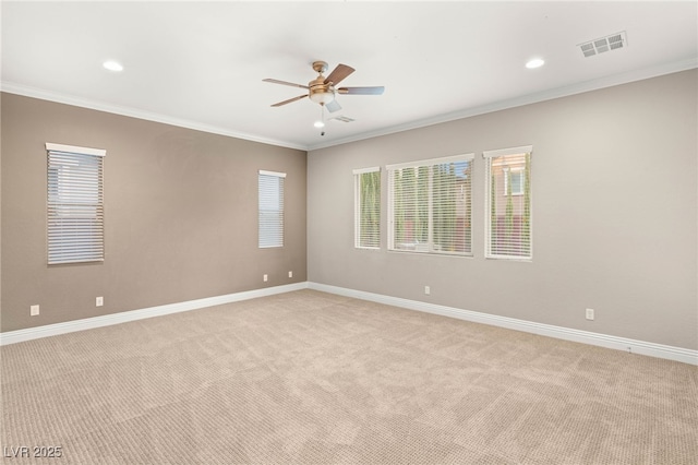 5676 Corona Vista St, Las Vegas, NV 89135 - spare room with a ceiling fan, light colored carpet, ornamental molding, plenty of natural light, and recessed lighting
