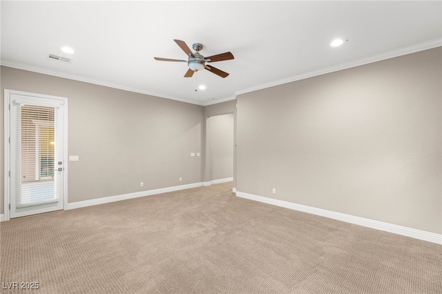 5676 Corona Vista St, Las Vegas, NV 89135 - unfurnished room with a ceiling fan, light colored carpet, recessed lighting, and crown molding