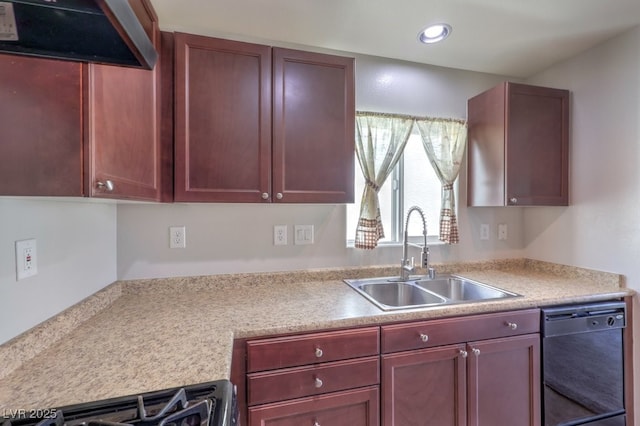 9065 Tantalizing Ave, Las Vegas, NV 89149 - kitchen with ventilation hood, black dishwasher, light countertops, dark brown cabinets, and recessed lighting