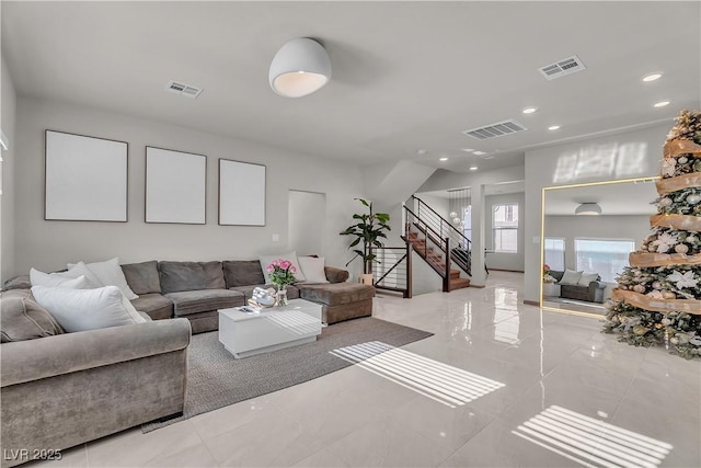 8089 Misty Canyon Ave, Las Vegas, NV 89113 - living area with stairs, recessed lighting, and tile patterned floors