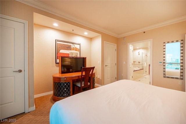 135 E Harmon Ave Unit 414, Las Vegas, NV 89109 - bedroom featuring ornamental molding, ensuite bathroom, and recessed lighting