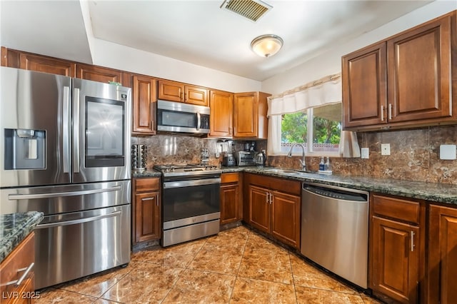170 Palisade Ave, Las Vegas, NV 89110 - kitchen featuring stainless steel appliances, backsplash, brown cabinetry, and dark stone counters