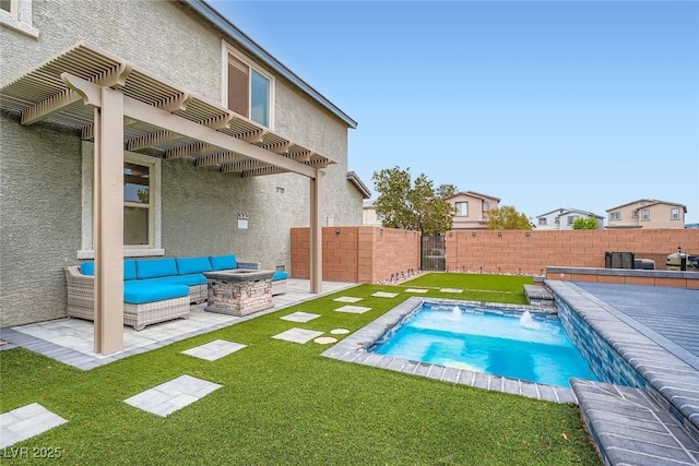 1009 Bluebell Brook St, Henderson, NV 89052 - view of swimming pool with an outdoor living space with a fire pit, a pergola, a fenced backyard, and a patio