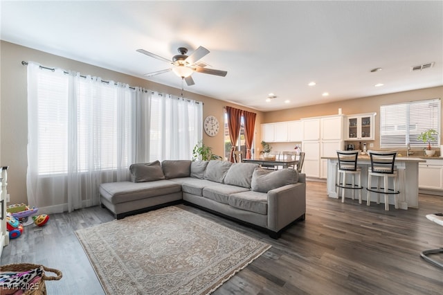 1014 Lone Pine River Ave, Henderson, NV 89002 - living area featuring a ceiling fan, recessed lighting, and dark wood-type flooring