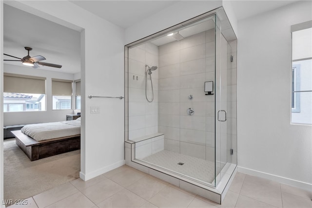 1309 Azure Jay Ave, North Las Vegas, NV 89084 - ensuite bathroom featuring a stall shower, tile patterned floors, and a ceiling fan