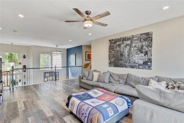 10960 Bethel Park Ct, Las Vegas, NV 89141 - living area featuring a ceiling fan, wood finished floors, and recessed lighting