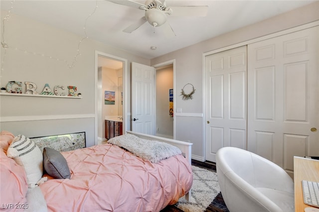 10960 Bethel Park Ct, Las Vegas, NV 89141 - bedroom featuring a closet, a ceiling fan, and wood finished floors
