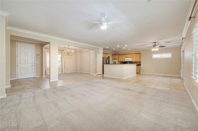 2559 Deora Way, Henderson, NV 89052 - unfurnished living room featuring ceiling fan, a chandelier, light colored carpet, ornamental molding, and light tile patterned flooring