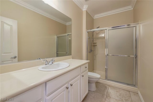 2559 Deora Way, Henderson, NV 89052 - bathroom with ornamental molding, vanity, an enclosed shower, and tile patterned flooring