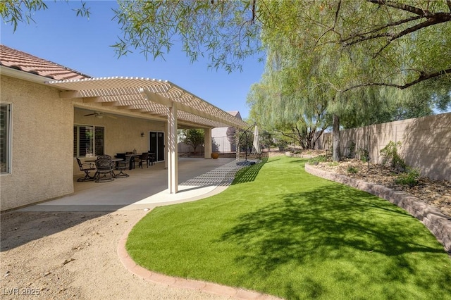 2559 Deora Way, Henderson, NV 89052 - fenced backyard featuring a ceiling fan, a pergola, and a patio area