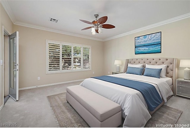 2559 Deora Way, Henderson, NV 89052 - bedroom featuring light colored carpet, ornamental molding, and a ceiling fan