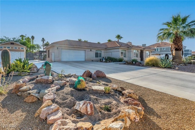 1971 Del Font Ct, Las Vegas, NV 89117 - view of front facade featuring an attached garage, driveway, a tile roof, stucco siding, and a chimney