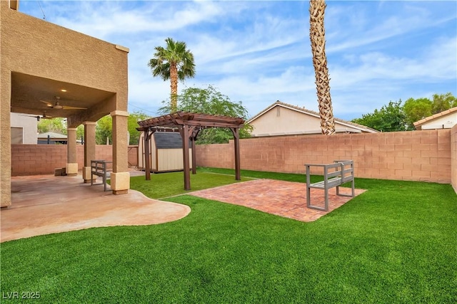 5001 Pounding Surf Ave, Las Vegas, NV 89131 - fenced backyard featuring a patio area, a pergola, and a storage shed