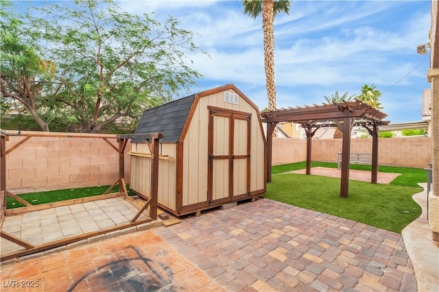 5001 Pounding Surf Ave, Las Vegas, NV 89131 - fenced backyard with a patio, a shed, and a pergola