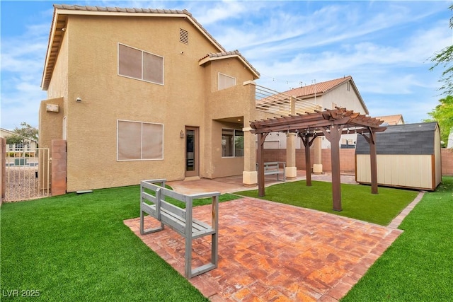 5001 Pounding Surf Ave, Las Vegas, NV 89131 - back of house featuring a pergola, stucco siding, a patio, a fenced backyard, and a shed