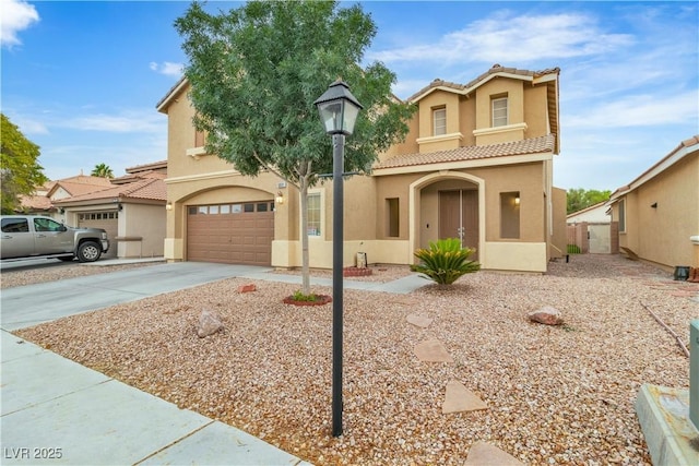 5001 Pounding Surf Ave, Las Vegas, NV 89131 - mediterranean / spanish house with a tile roof, driveway, stucco siding, and a garage