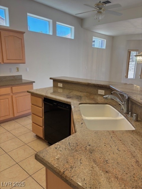 3013 Abercorn Dr, Las Vegas, NV 89134 - kitchen with black dishwasher, light brown cabinets, light tile patterned flooring, ceiling fan, and light stone counters