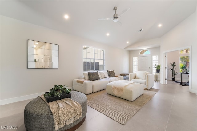 9332 Sienna Vista Dr, Las Vegas, NV 89117 - living room featuring ceiling fan, plenty of natural light, recessed lighting, and lofted ceiling