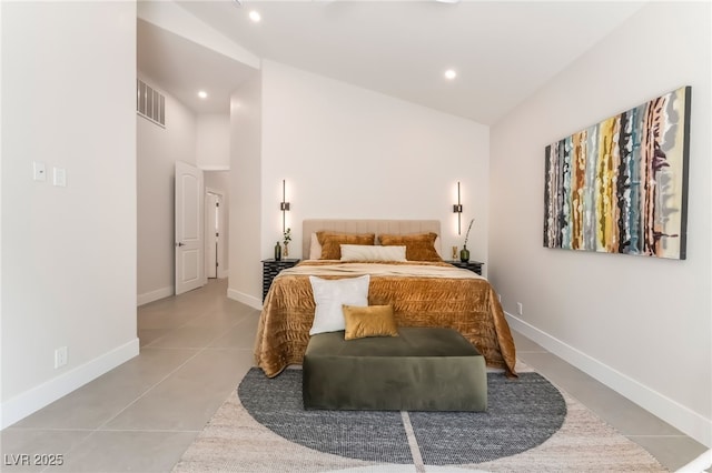 9332 Sienna Vista Dr, Las Vegas, NV 89117 - bedroom featuring recessed lighting, light tile patterned floors, and high vaulted ceiling