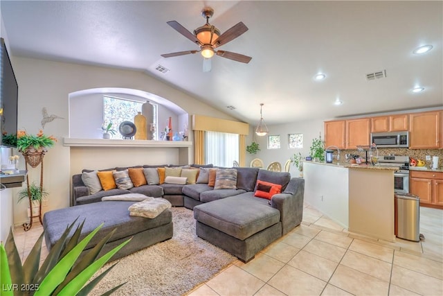 3032 Prairie Princess Ave, North Las Vegas, NV 89081 - living room with vaulted ceiling, a ceiling fan, light tile patterned floors, and recessed lighting