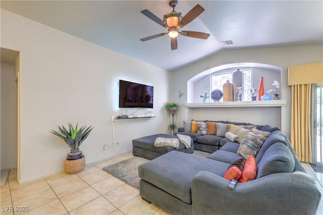 3032 Prairie Princess Ave, North Las Vegas, NV 89081 - living room featuring vaulted ceiling, ceiling fan, and light tile patterned flooring