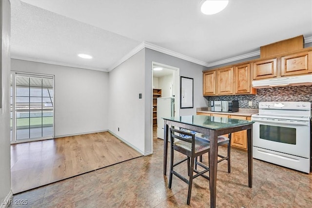 216 Lorenzi St, Las Vegas, NV 89107 - kitchen featuring white appliances, under cabinet range hood, crown molding, backsplash, and light countertops