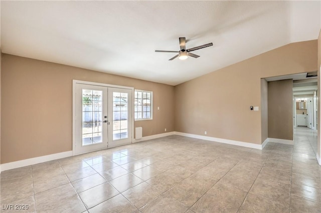 3887 Delling Ct, Las Vegas, NV 89104 - unfurnished room featuring a ceiling fan, french doors, light tile patterned flooring, and lofted ceiling