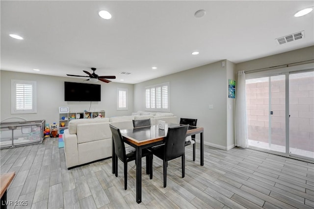 10722 Red Badge Ave, Las Vegas, NV 89166 - dining area featuring a ceiling fan, plenty of natural light, recessed lighting, and light wood-type flooring