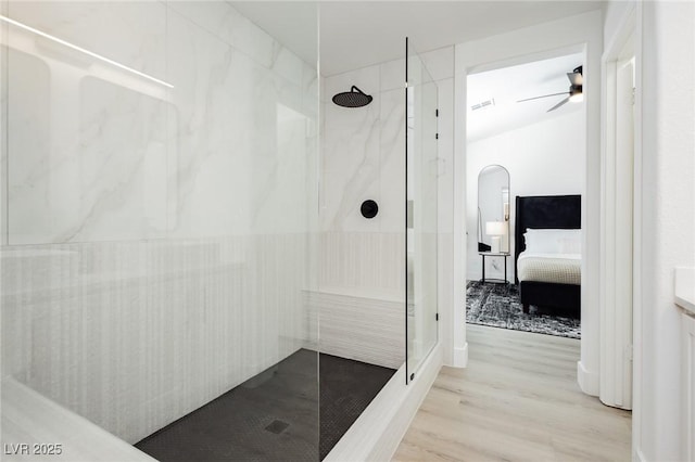 5505 Eagle Cove Ave, Las Vegas, NV 89130 - full bathroom featuring a marble finish shower, ensuite bathroom, wood finished floors, and ceiling fan