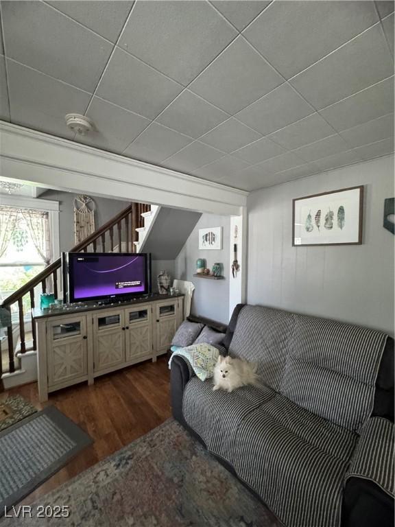 191 S Booker, Tonopah, NV 89049 - living area with dark wood-style flooring and a drop ceiling