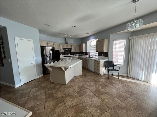kitchen with dishwasher, stainless steel fridge with ice dispenser, light countertops, backsplash, and a center island