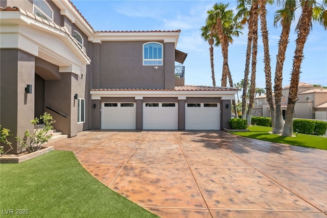 7520 Captains Harbor Dr, Las Vegas, NV 89117 - mediterranean / spanish-style house with an attached garage, stucco siding, a balcony, and a tile roof
